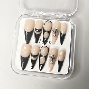 Elegant Black & Nude Stiletto Handmade Press On Nails with Cross Accents